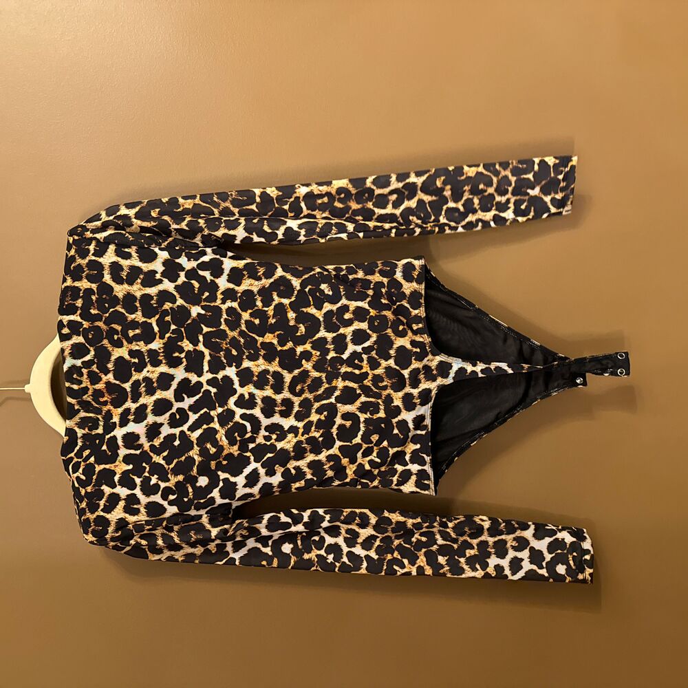 Good American Black Long Sleeve Snap Closure Leopard Print Bodysuit Size 2 - Picture 4 of 5